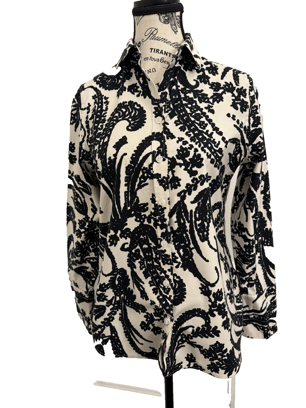 Chico’s Blouse Women’s Size 00 US 2 Black/Cream Floral Print Long Sleeve